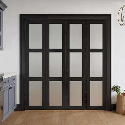 Bifold Doors for 72" x 80" Opening,Tempered Frosted Glass,Black | Closet Folding Doors with Hardware kit Included, Easy Assembly for Pantry Closet,Water-Proof PVC Surface