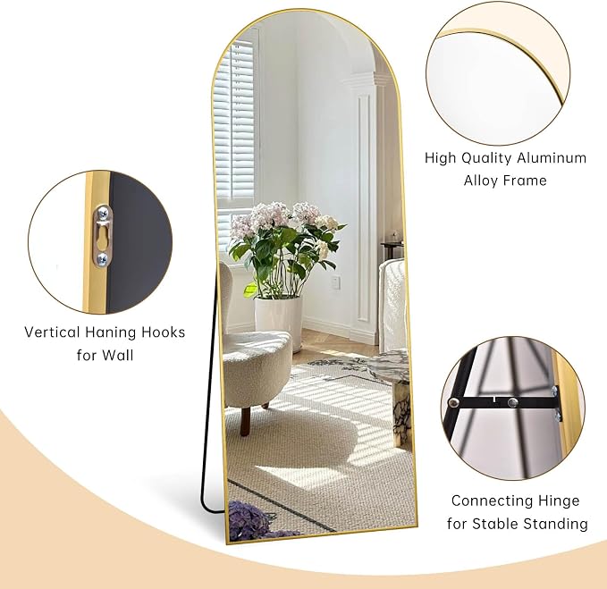 Dewfig Full Length Mirror, 70"x26" Arched Full Body Mirror, Gold | Aluminum Alloy Frame Floor Mirror, HD Shatterproof Tempered Glass, Lean/Stand/Wall for Living Room,Bedroom, Dressing Room