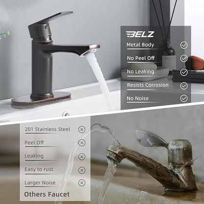 BELZ Oil Rubbed Bronze Bathroom Faucet, Modern Single Handle One Hole Bath Vanity Sink Faucet with Pop Up Drain and Deck Plate for 1 or 3 Holes