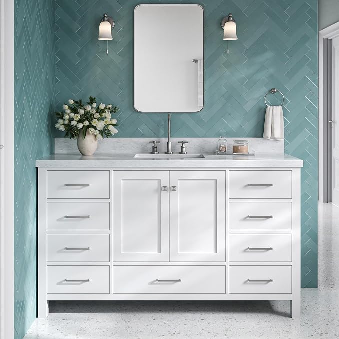 Beckford 60 Inch Bathroom Vanity Single Sink — White Bathroom Vanity with Sink, 1.5" Edge Italian Carrara Marble Countertop & Backsplash, 2 Soft-Close Doors, 9 Dovetail Drawers