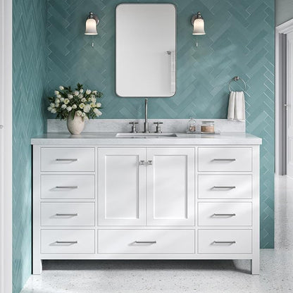 Beckford 60 Inch Bathroom Vanity Single Sink — White Bathroom Vanity with Sink, 1.5" Edge Italian Carrara Marble Countertop & Backsplash, 2 Soft-Close Doors, 9 Dovetail Drawers