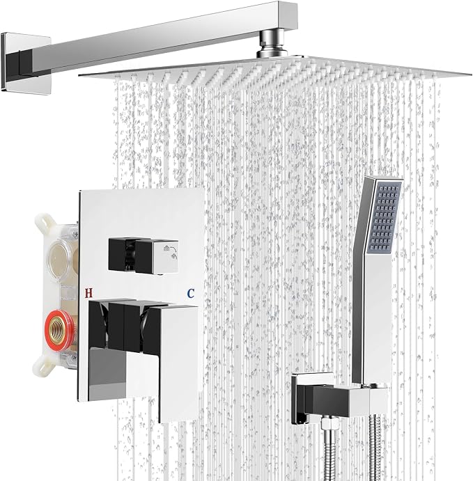 10" Square Rain Shower Faucet Set, Wall Mount, Chrome | 304 SS, air tech boosts pressure 50%, dual spray, anti-fingerprint