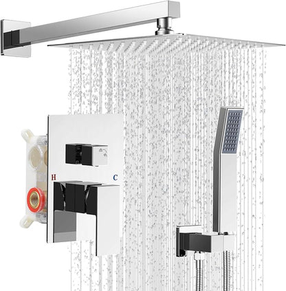 10" Square Rain Shower Faucet Set, Wall Mount, Chrome | 304 SS, air tech boosts pressure 50%, dual spray, anti-fingerprint