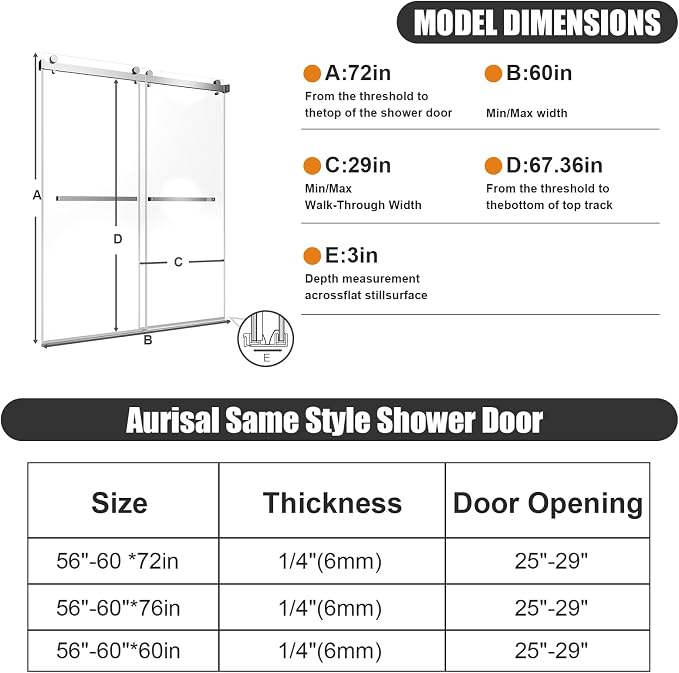 Frameless Stainless Steel Sliding Shower Door, 56-60" W x 72" H - 1/4” (6mm) Thick Tempered Glass Rust-Proof Glass Shower Door with Dual Tracks in Brushed Nickel