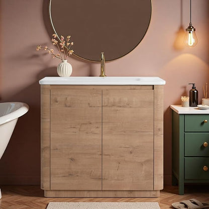 36" Bathroom Vanity with Ceramic Sink, Freestanding Bathroom Vanity with 2-Soft-Close Door, Soft-Closing Hinges & Hidden Handles for Home, Farmhouse, Easy to Clean Design, Imitative Oak