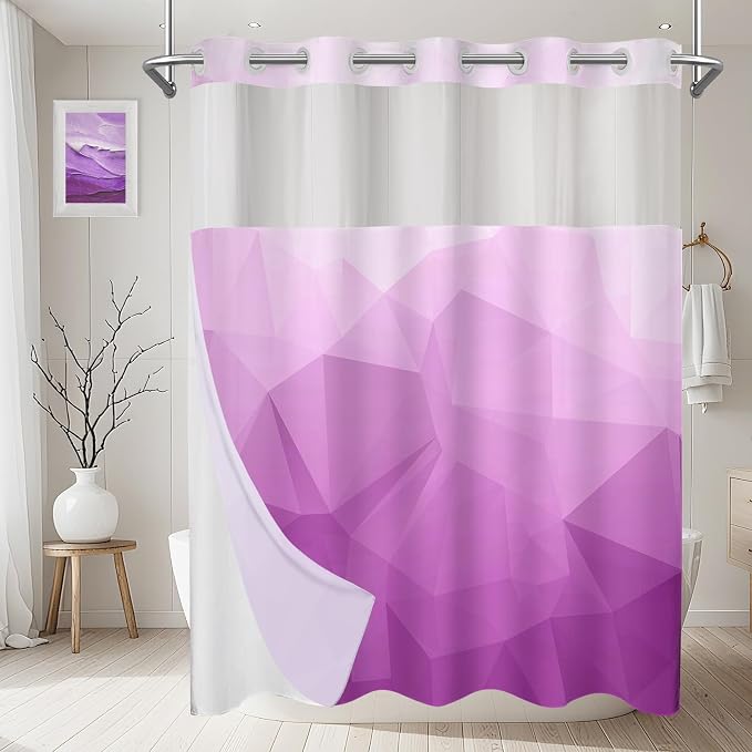 No Hook Shower Curtain with Snap in Liner Set, Light Purple, 71x86 | Waterproof Fabric for Bathroom, Modern Hotel Style Ombre Design, Mesh Top Window, Machine Washable, Quick Install