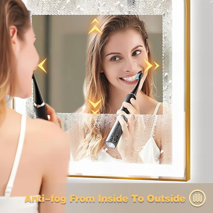 Arched LED Bathroom Mirror, 32"x20" Arch Backlit Vanity Mirror with Lights, Frontlit, Dimmable, 3 Colors, Memory Function, Anti-Fog Smart Mirror, Gold Frame, Shatterproof, UL Listed