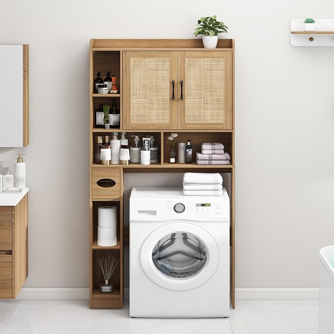 Vabches Over The Toilet Storage Cabinet with 2 Barn Doors, Oak | Farmhouse Storage Cabinet with Toilet Paper Holder Stand，Home Space-Saving Toilet Rack, for Bathroom, Restroom, Laundry