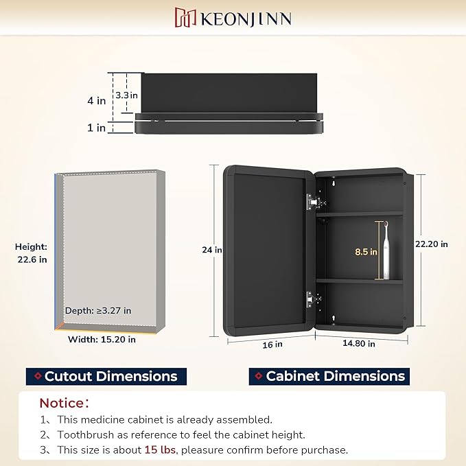 Keonjinn Black Medicine Cabinet 16 x 24 Inch, Bathroom Medicine Cabinet with Mirror, Heavy & Solid Stainless Steel Framed, Adjustable Shelves, Recessed or Wall Mount, Bathroom Mirror with Storage