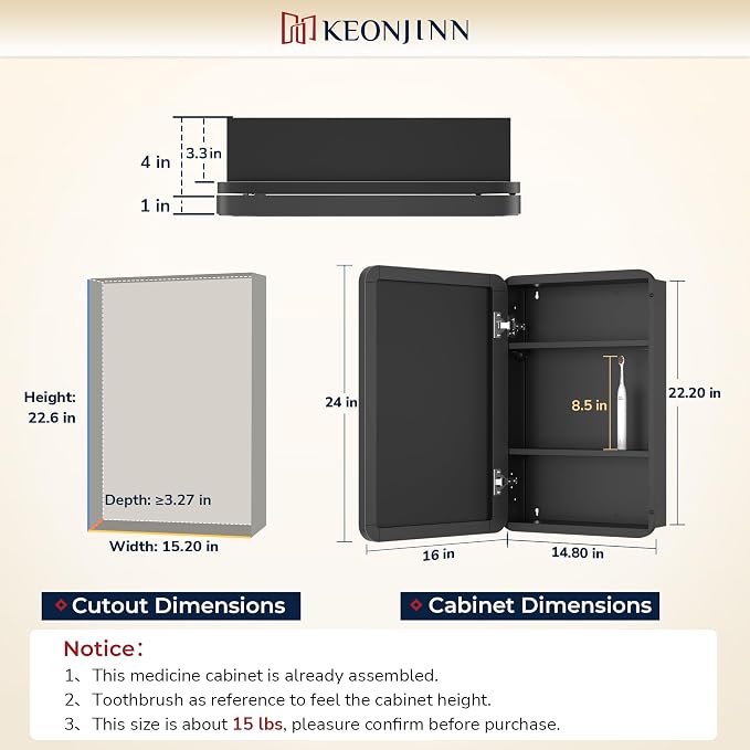 Keonjinn 16"x24" Gold Bathroom Medicine Cabinet with Mirror, DTC Hinges | Stainless Steel Framed, Adjustable Shelves, Wall-Mount/Recessed, Soft Closing, Gold Bathroom Mirror with Storage, Farmhouse