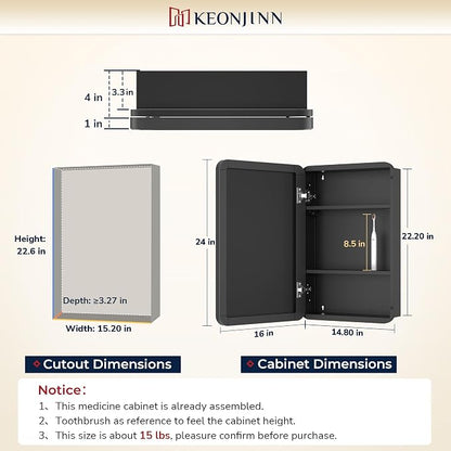 Keonjinn 16"x24" Recessed Medicine Cabinet with Mirror, Brushed Nickel | Stainless Steel Framed, Adjustable Shelves, Recessed or Wall Mount, Sturdy, Rectangle Rounded Corner, Silver Medicine Cabinet