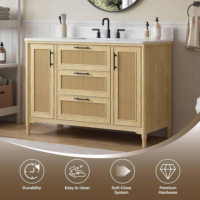 48 Inch Bathroom Vanity with Sink, Quartz Top, Light Oak | Modern Pre Assembled Single Sink Bathroom Vanity, Freestanding Bathroom Storage Cabinet, Soft Close Doors, Dovetail Drawers