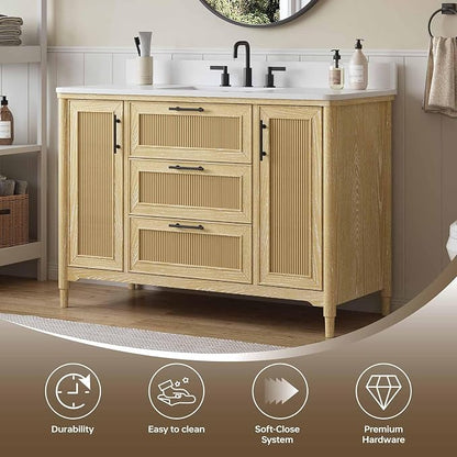 48 Inch Bathroom Vanity with Sink, Quartz Top, Light Oak | Modern Pre Assembled Single Sink Bathroom Vanity, Freestanding Bathroom Storage Cabinet, Soft Close Doors, Dovetail Drawers
