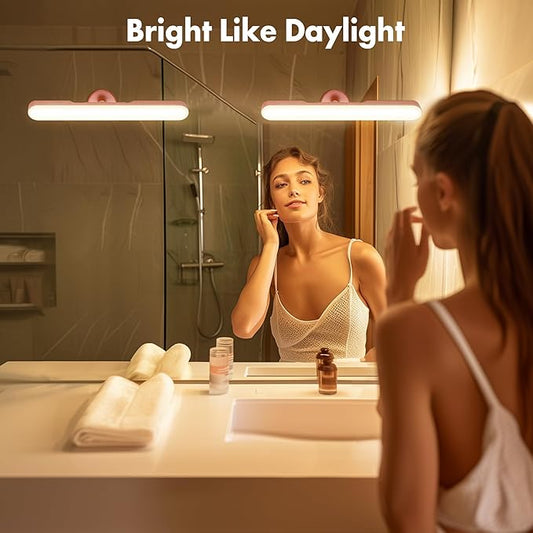 Set of 2 Wireless Vanity Makeup Lights for Mirror, Rechargeable LED Stick On Light Bar for Bathroom Mirror with Dimmable 3 CCT, Long Battery Life Cordless Light Valentine’s Day gift for Women(Pink)