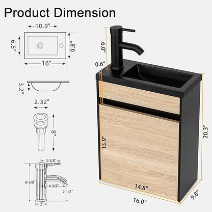 UEV 16" Small Bathroom Vanity, Black & Natural Mixed with Ceramic Sink, Frosted Black Faucet P-Trap (Wall Mounted)