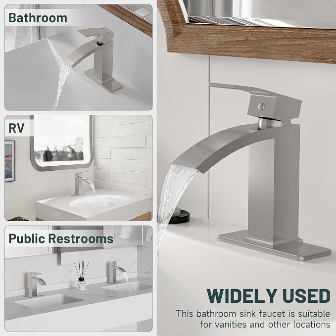 Brushed Nickel Waterfall Bathroom Faucets for 1 or 3 Holes, Brass | Brass Single Handle Bathroom Sink Faucet for Lavatory Commercial Vanity Basin Taps with Deck Plate Pop Up Drain & Supply Line