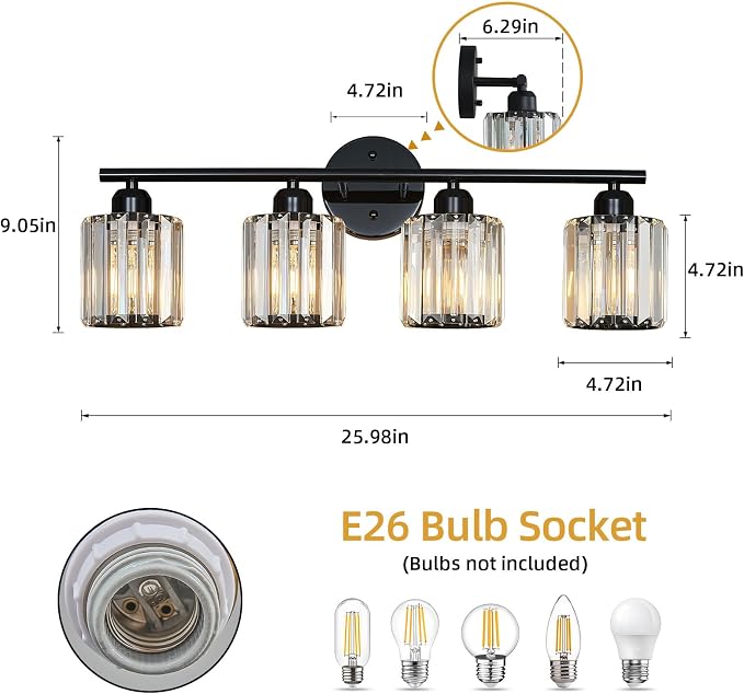 Modern 4 Light Crystal Vanity Light, Plating Black Vertical Bathroom Light Fixture Over Mirror for Dressing Table Sink, Compatible with Dimmable Bulbs (Bulbs Not Included)