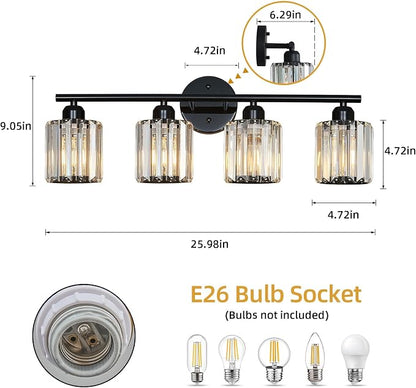 Modern 4 Light Crystal Vanity Light, Plating Black Vertical Bathroom Light Fixture Over Mirror for Dressing Table Sink, Compatible with Dimmable Bulbs (Bulbs Not Included)