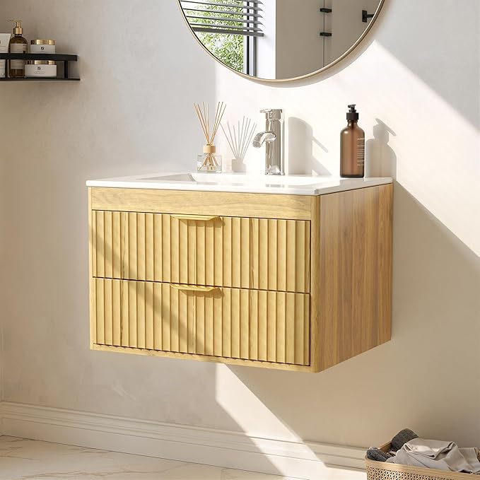 24 Inch Floating Bathroom Vanity with Sink, Bathroom Wall Cabinet with 2 Fluted Drawers & Metal Handle, Wall Mounted Cabinet for Bathrooms (Natual Yellow, 24 inch, with Sink)