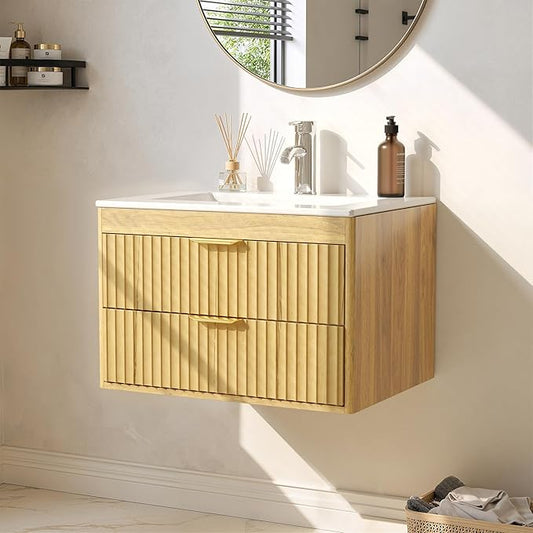 24 Inch Floating Bathroom Vanity with Sink, Bathroom Wall Cabinet with 2 Fluted Drawers & Metal Handle, Wall Mounted Cabinet for Bathrooms (Natual Yellow, 24 inch, with Sink)