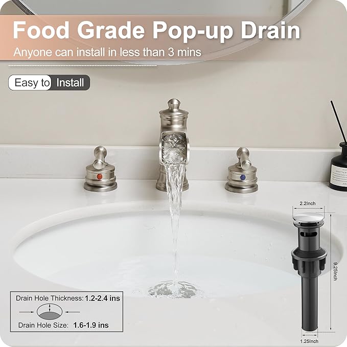 Waterfall Bathroom Faucet Matte Brushed Nickel, Brass 3 Hole Faucet Bathroom Sink Faucet Widespread 4-16 Inch Faucet for Bathroom Sink, 2 Handle Bathroom Faucets with Pop-up Drain & Water Hoses