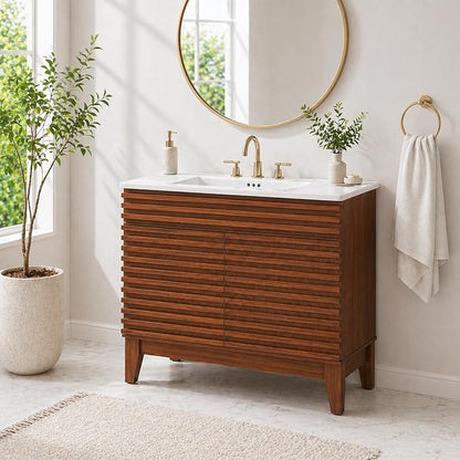36 Inch Bathroom Vanity with Sink, Walnut Fluted Freestanding Bathroom Vanity Cabinet with Ceramic Sink Top, Solid Wood Legs, Soft Close Double Doors and Modern Storage Cabinet