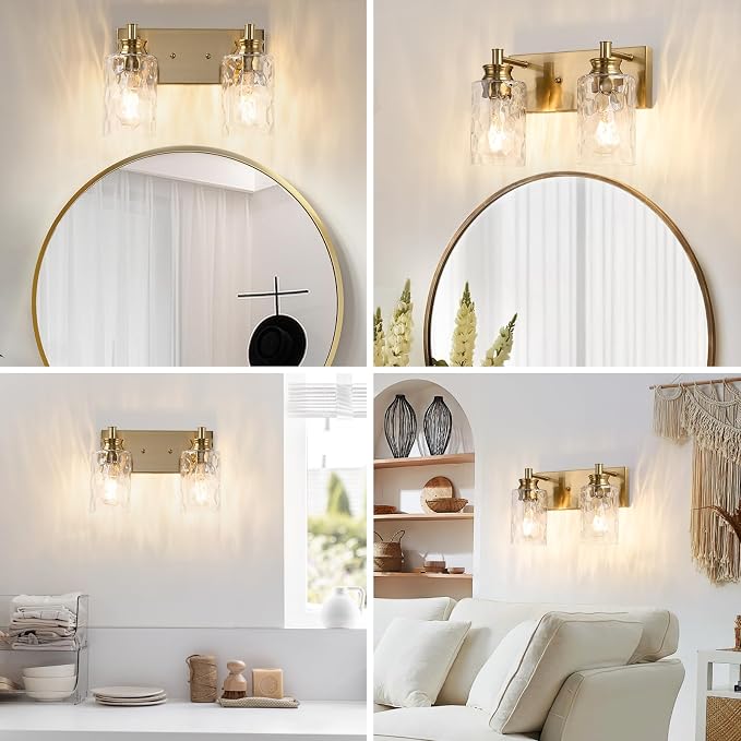 2 Light Bathroom Vanity Light Modern Brushed Gold Bathroom Light Fixtures Over Mirror with Hammered Glass Lampshade for Kitchen Hallway