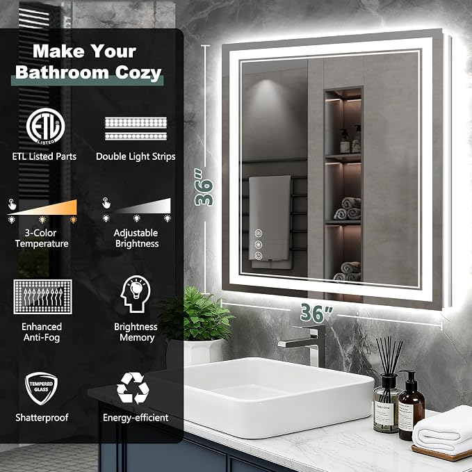 36x36 Inch LED Bathroom Mirror with Lights, 3 Colors Dimmable LED Vanity Mirror, Front and Back Lit, Anti-Fog, Memory Function, Shatterproof Tempered Glass, ETL Listed, Wall Mounted Makeup Mirror