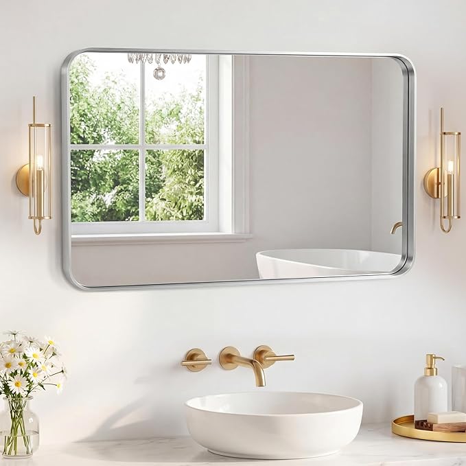Sweetcrispy Bathroom Mirror 48x32 Inch, Vanity Mirror for Wall | Metal Framed Rounded Rectangle, Over Sink, Farmhouse, Restroom, Anti-Rust, Horizontal or Vertical Hanging, Silver