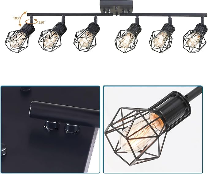 Matte Black Ceiling Mount Track Lighting 6-Light E26 for Kitchen | Matte Black 6-Light Farmhouse Track Lighting, Metal Cage, Adjustable Heads, E26 Base for Kitchen Bathroom Living Room