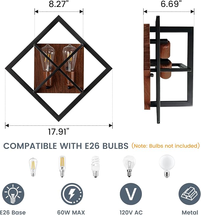 Farmhouse Wall Sconce, Black Wood, 2-Light | Rustic Indoor Wall Light, 17.8 Inch, E26 Base, Hardwired, for Stairway, Living Room, Bedroom, Bathroom