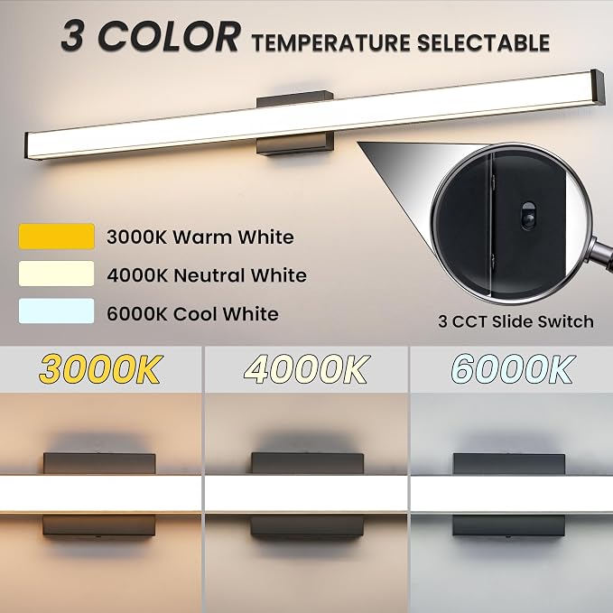 Modern LED Bathroom Vanity Light 48 inch 32W Dimmable 3CCT Bathroom Light Fixture Over Mirror Rectangle Bath Vanity Light Bar with Double Layer Acrylic Shade (Matte Black)
