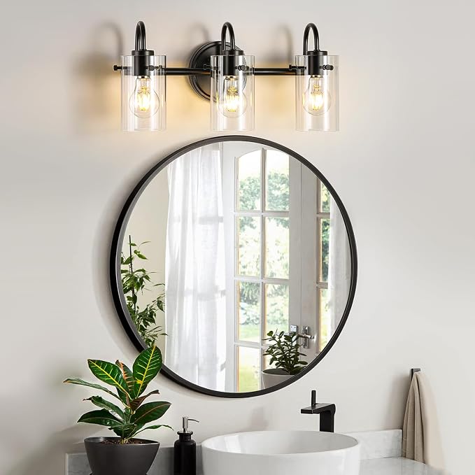 3 Lights Vanity Lights, Matte Black Bathroom Wall Light Fixtures over Mirror, Modern Wall Sconce with Clear Glass Shade, Farmhouse Wall Mount Porch Wall Lamp for Mirror, Kitchen, Living Room, Workshop