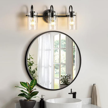 3 Lights Vanity Lights, Matte Black Bathroom Wall Light Fixtures over Mirror, Modern Wall Sconce with Clear Glass Shade, Farmhouse Wall Mount Porch Wall Lamp for Mirror, Kitchen, Living Room, Workshop