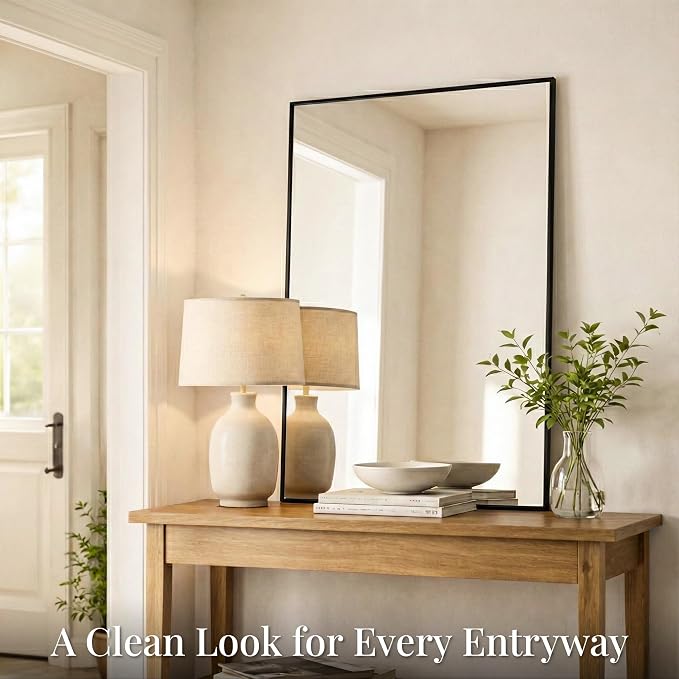 48"x36" Matte Black Large Framed Bathroom Vanity Wall Mirror | Large Vanity Wall Mirror, Slim Metal Frame, Dresser or Sideboard Use, Vertical/Horizontal Mount, Tempered Glass