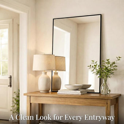 48"x36" Matte Black Large Framed Bathroom Vanity Wall Mirror | Large Vanity Wall Mirror, Slim Metal Frame, Dresser or Sideboard Use, Vertical/Horizontal Mount, Tempered Glass
