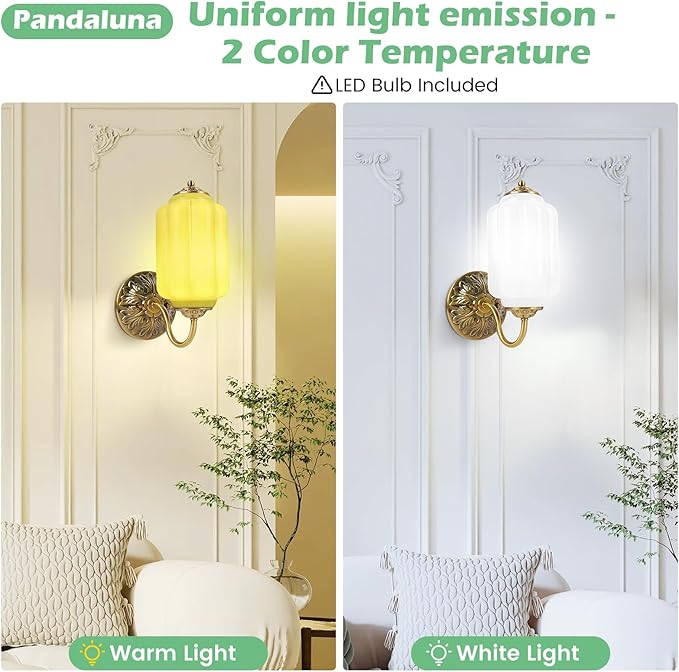 Milk Glass Sconce Vintage Vanity Sconces Brass, Bulb Included | Milk Glass Art Deco Antique Wall Sconce Wall Light for Bedroom Bathroom Living Room Entryway, Antique Gold and White 1 Pack