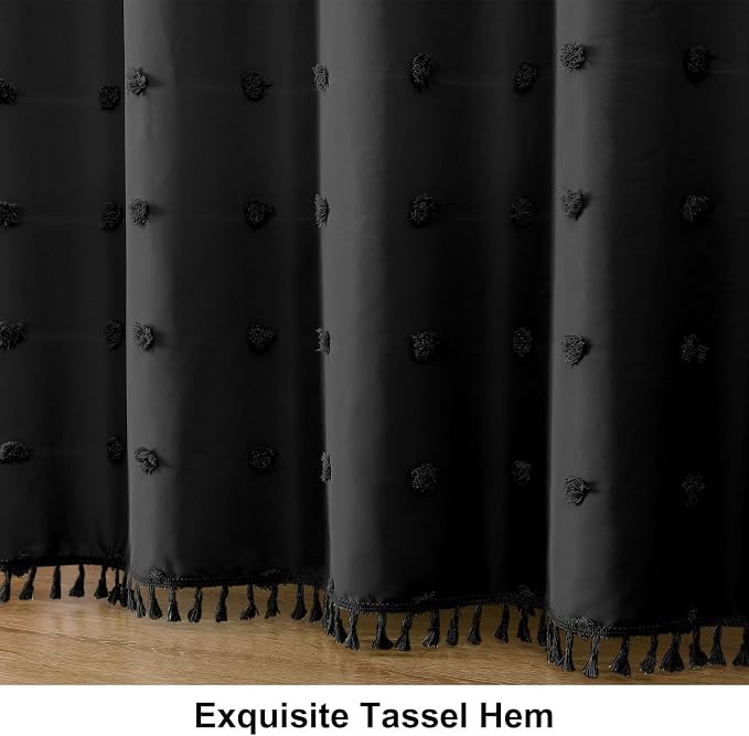 LilyCat Boho Tufted Floral Shower Curtain with Tassel, Black, 72" x 72" | Waterproof Boho Fabric Shower Curtain Set with Hooks, Cute Rustic Vintage Bathroom Décor, Minimalist Cloth Bathroom Curtain