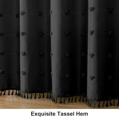 LilyCat Boho Tufted Floral Shower Curtain with Tassel, Black, 72" x 72" | Waterproof Boho Fabric Shower Curtain Set with Hooks, Cute Rustic Vintage Bathroom Décor, Minimalist Cloth Bathroom Curtain