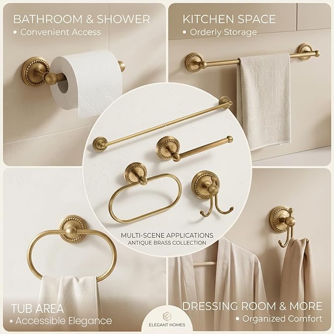 Antique Brass Bathroom Hardware Set 4 Pcs Gold Bathroom Accessories, Vintage Bath Towel Bar Toilet Paper Holder Towel Ring & Double Robe Hook Kit for Shower Room Wall Mounted