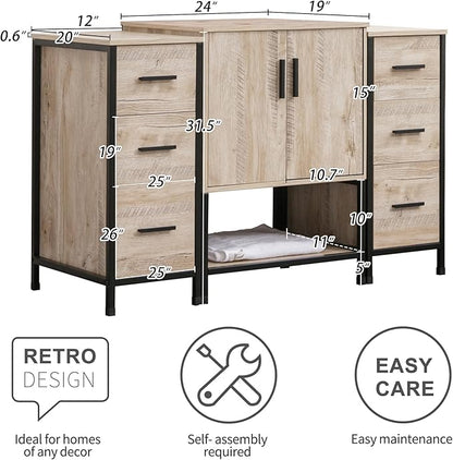 UEV 48" Rustic Oak Bathroom Vanity with Sink Combo, Industrial Iron Frame Bathroom Cabinet Sets with Double 3 Drawers Side Cabinet