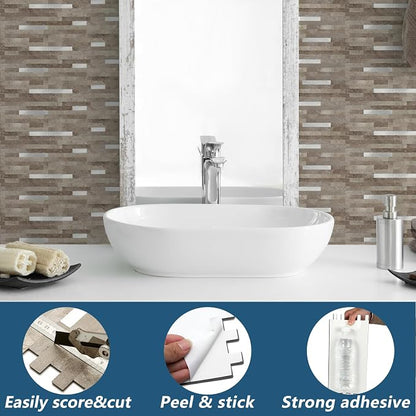 Yipscazo 20 Sheets PVC Wall Tiles Stick on Tiles for Backsplash Kitchen, Bathroom, Laundry Room, Camper, Fireplace (6'' X 12'', Brownish Stone)