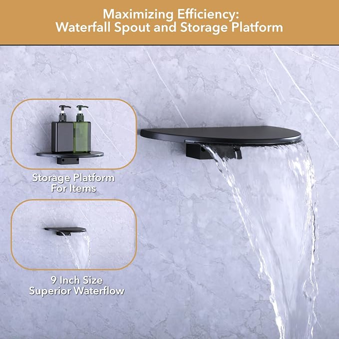 VANFOXLE Shower Faucet Set Matte Black Shower System, Push Button Diverter | 8 Inch Wall Mount Head, 2-in-1 Handheld Sprayer, 9 Inch Bathtub Waterfall Spout, Solid Brass Valve, Rust Resistant