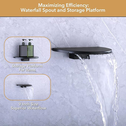VANFOXLE Shower Faucet Set Matte Black Shower System, Push Button Diverter | 8 Inch Wall Mount Head, 2-in-1 Handheld Sprayer, 9 Inch Bathtub Waterfall Spout, Solid Brass Valve, Rust Resistant