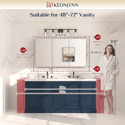 Keonjinn 48x26 Inch White Bathroom Medicine Cabinets Mirror, Tempered Glass | Assembly Required, Lightweight Aluminum Frame, Adjustable Shelves, Surface Mount or Recessed, HD Tempered Glass, Soft Close