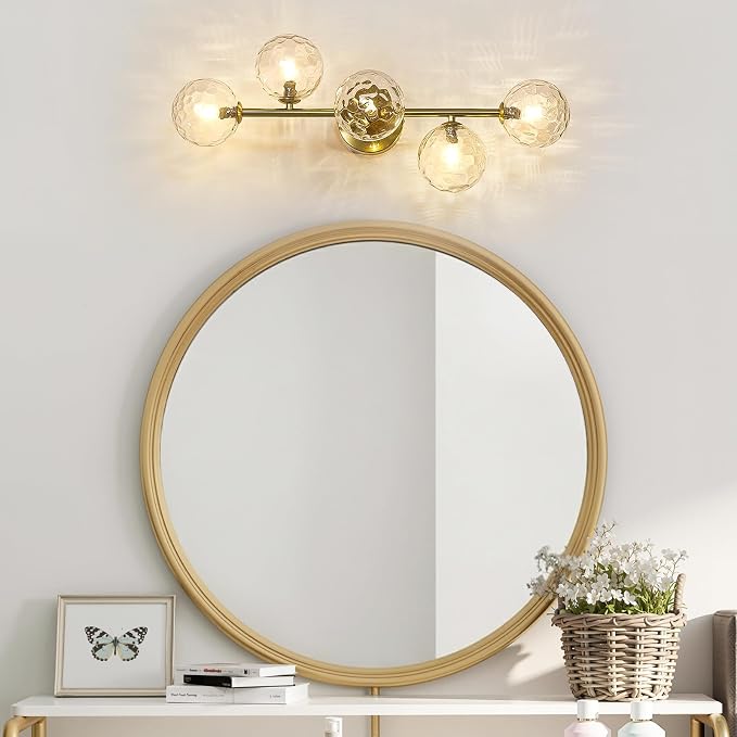 5 Lights Bathroom Vanity Light,Brushed Gold Globe Bathroom Light Fixtures | Hammered Clear Glass Wall Sconce Lighting,Mid Century Modern Brass Bubble Glass Bathroom Vanity Lights over Mirror,G9 Base