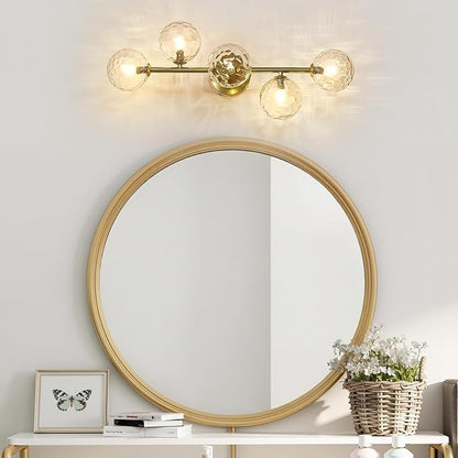 5 Lights Bathroom Vanity Light,Brushed Gold Globe Bathroom Light Fixtures | Hammered Clear Glass Wall Sconce Lighting,Mid Century Modern Brass Bubble Glass Bathroom Vanity Lights over Mirror,G9 Base