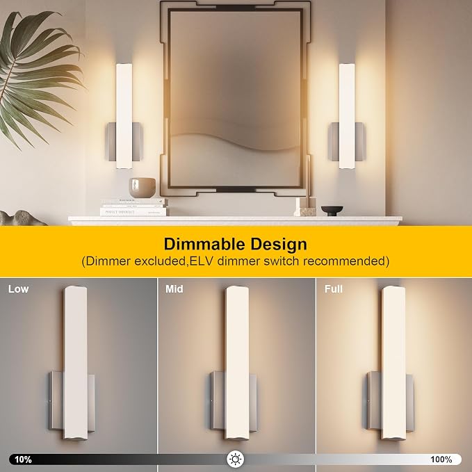 15.7 Inches Modern Bathroom Led Wall Sconces,18W 3000K Hardwired Wall Light with White Acrylic Lampshade,Indoor Bathroom Vanity Light for Mirror Bedroom Living Room Hallway(Nickel,2Pack)