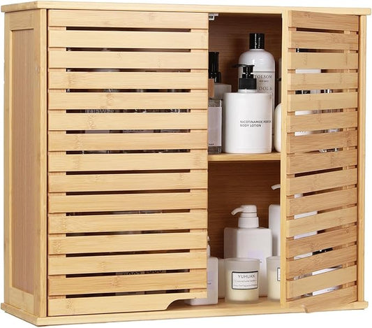 HYNAWIN Bathroom Wall Mounted Bamboo Storage Cabinet with Double Doors, 2-Tier Adjustable Shelf, Over Toilet Organizer for Bathroom, Kitchen, Entryway