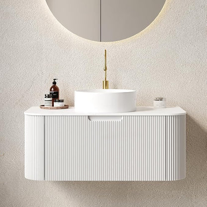 36'' Bathroom Vanities Cabinet with Sink Combo, Wall Mounted Floating Cabinet W/Curved Edges Stripes, Oak Plywood, Soft-Close System with a Drawer, White Round Ceramic Basin - Kiel, White